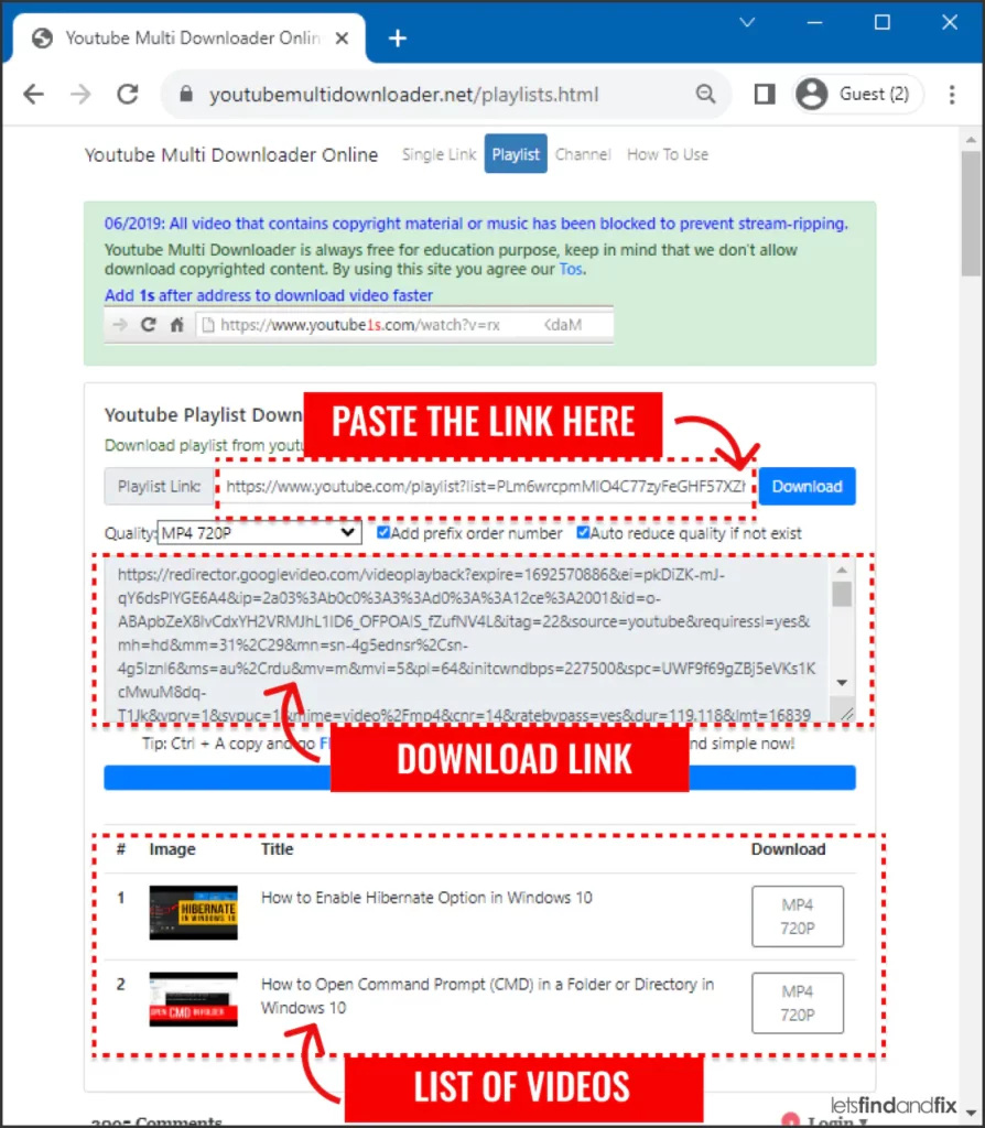Pasting YouTube Playlist URL and Generating Download Link