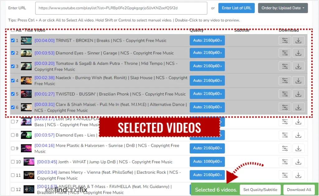 A rectangular outline highlights the selected videos, and a dotted arrow indicates the number of selected videos.